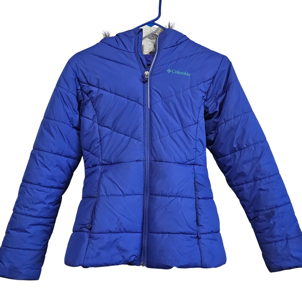 Columbia Girls Royal Blue Quilted Puffer Jacket Hooded Faux Fur Trim Large /1416